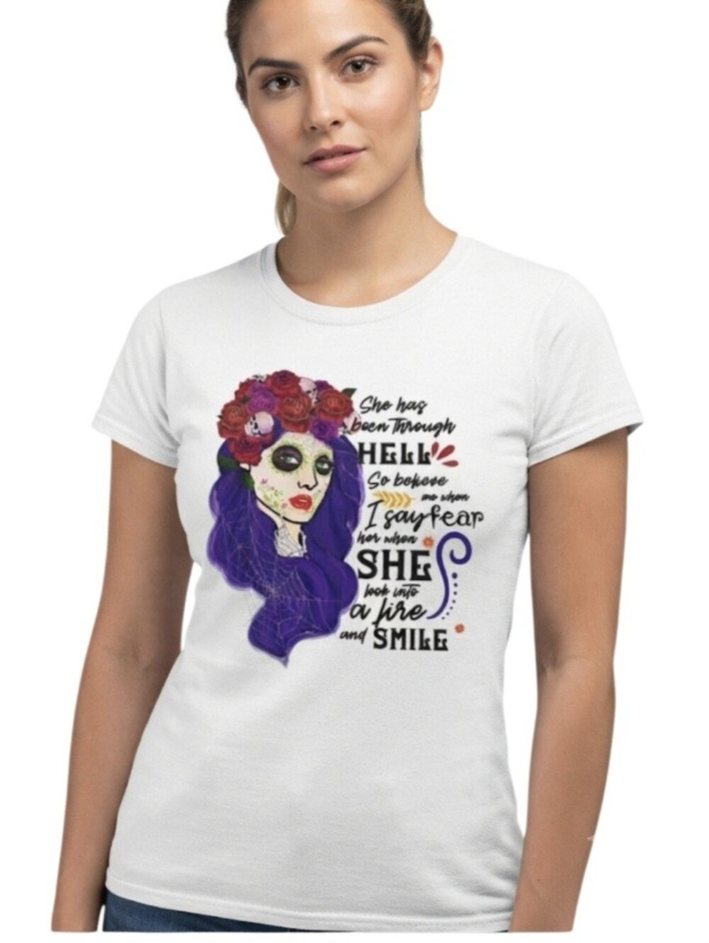 Upcycled Handmade Tee Short Sleeve White Graphic She Has Been Through HELL SizeM